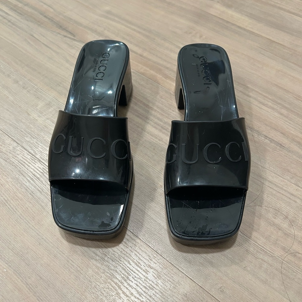 Gucci Black Patent Logo Mule Sandals for Women